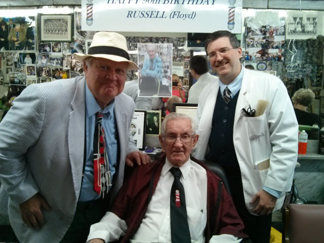 Kenneth 'Otis' Junkin and Allan 'Floyd' Newsome help celebrate Russell's 90th birthday.