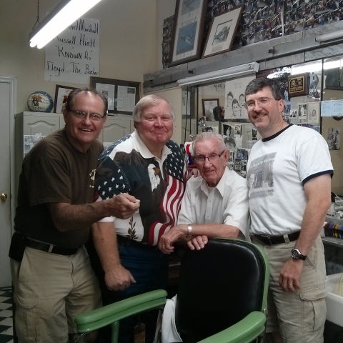 Goober, Otis, and Floyd in their 'civies' with Russell Hiatt at Floyd's City Barber Shop in Mt. Airy, NC.