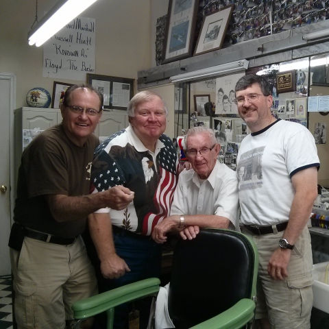 Goober, Otis, and Floyd in their 'civies' with Russell Hiatt at Floyd's City Barber Shop in Mt. Airy, NC.