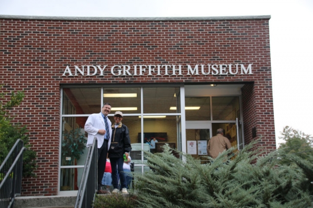 Floyd and Terri, the daughter Emmett Forrest (Andy Griffith's life long friend) in front of the Andy Griffith Museum.